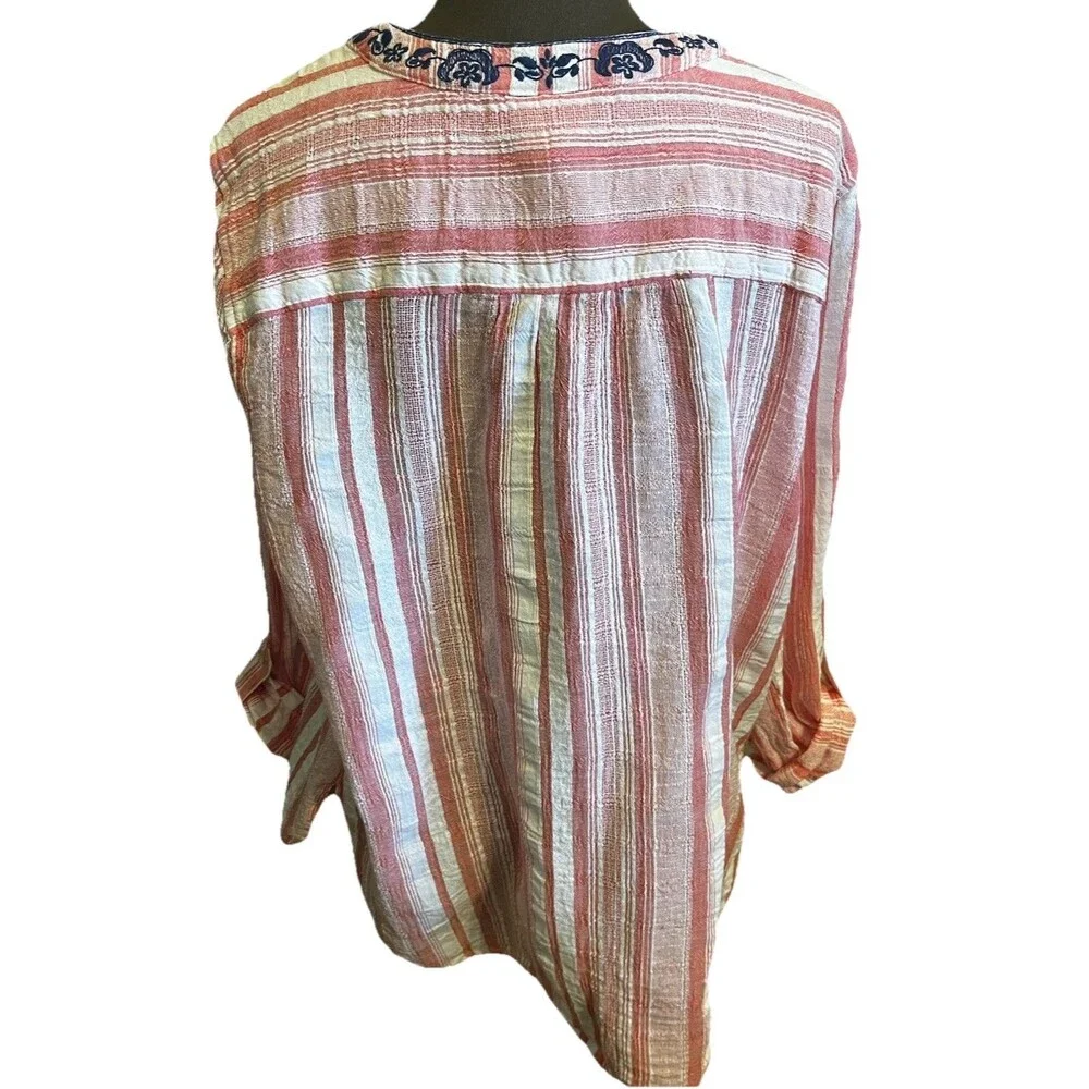 Ruby Rd. Coral/White XL Striped Embroidered V-Neck Tab Sleeve Cotton - Picture 2 of 4